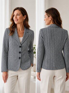 Carlisle Modern Zig-zig Chevron Wool Blazer Black and White Women's Size 10